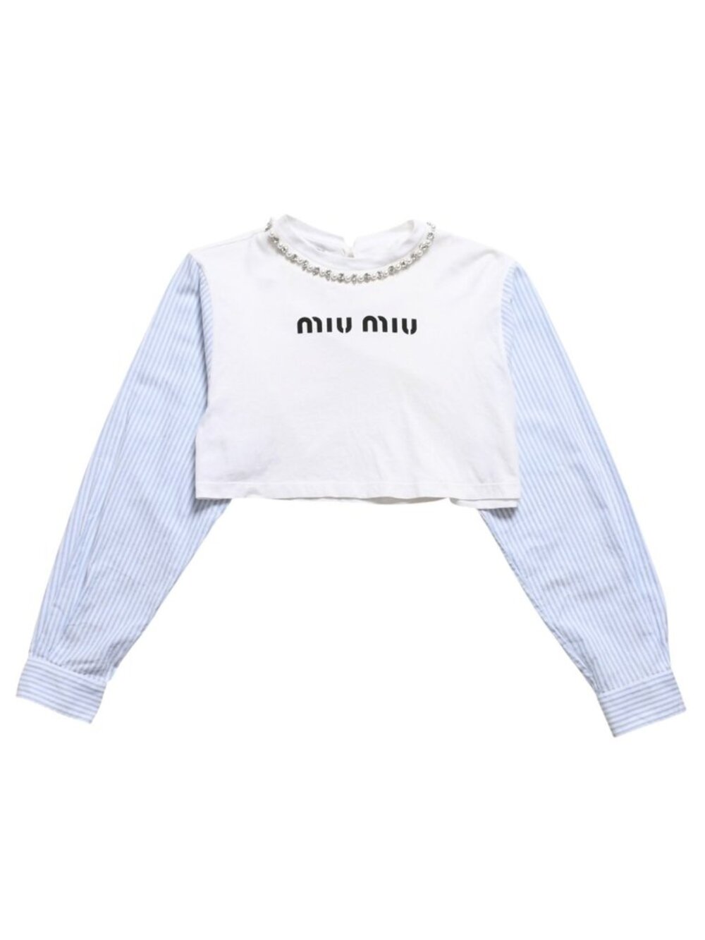 Miu Miu Crystal Cropped Long Sleeve T-Shirt Striped Rhinestone Light Blue XS